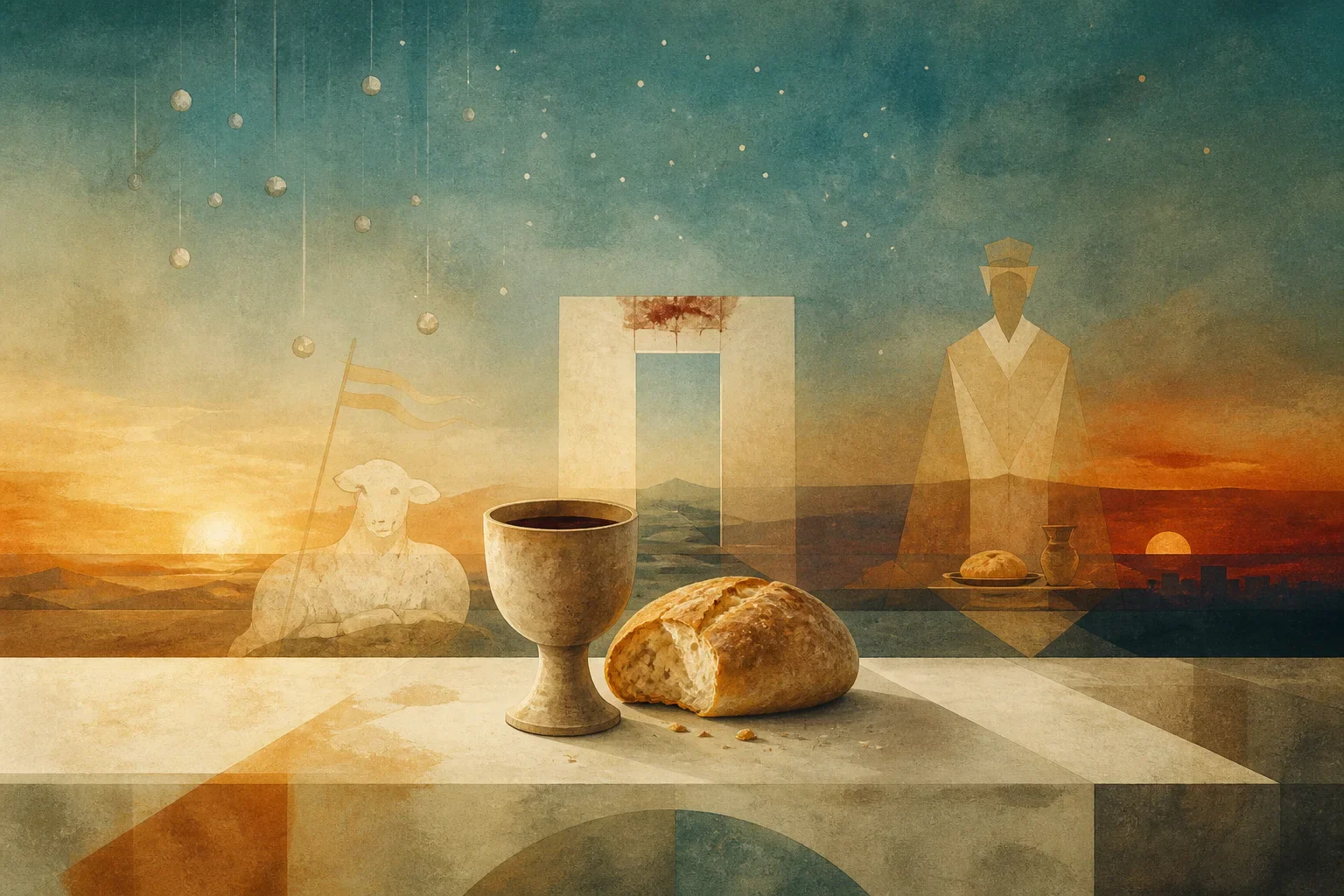Brot, Kelch und Lichtbahnen verbinden Motive von Pascha, Manna und Eucharistie