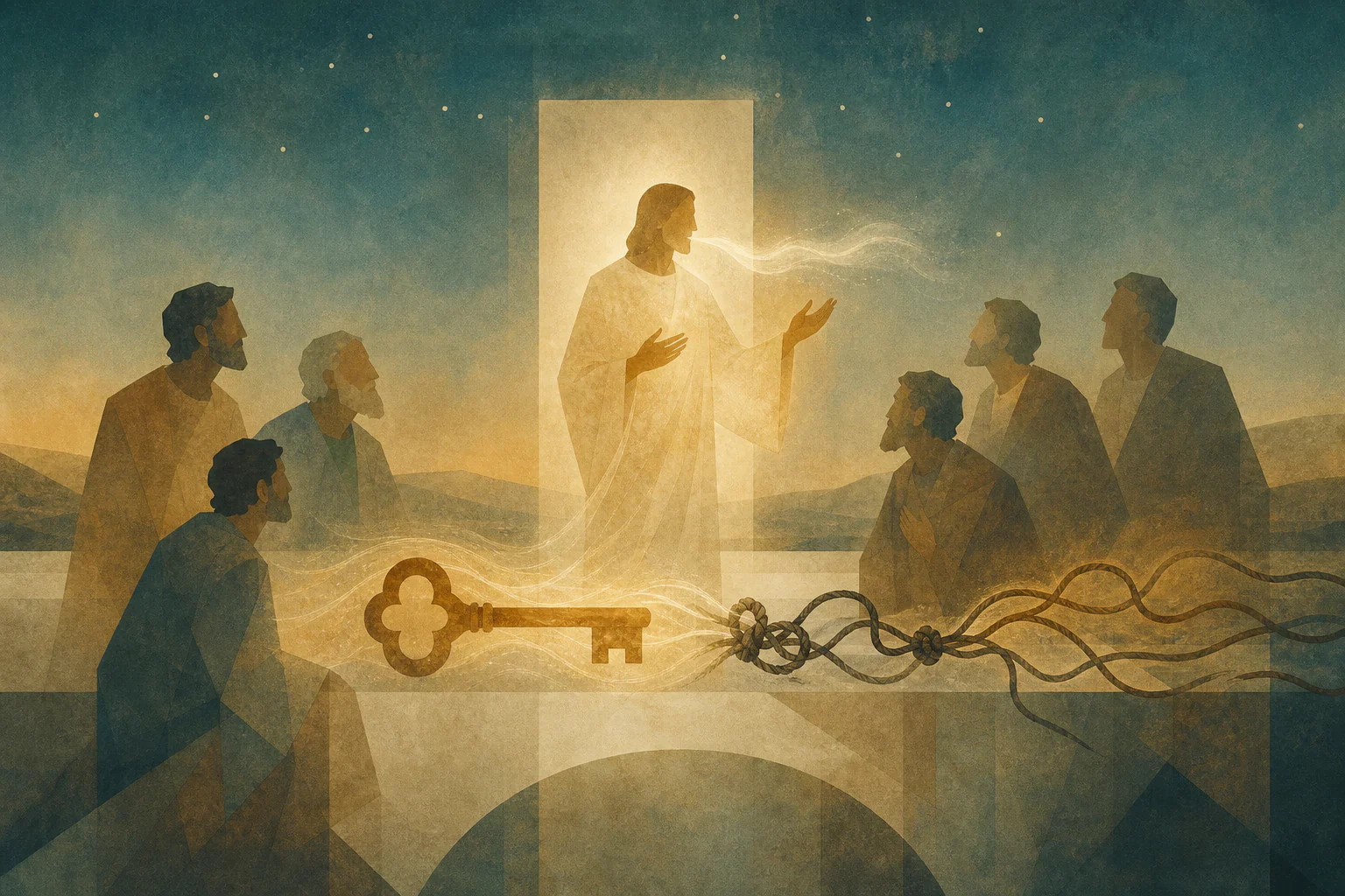 Der auferstandene Christus sendet versammelte Apostel aus; im Vordergrund liegen ein großer Schlüssel und gelöste Knoten.
