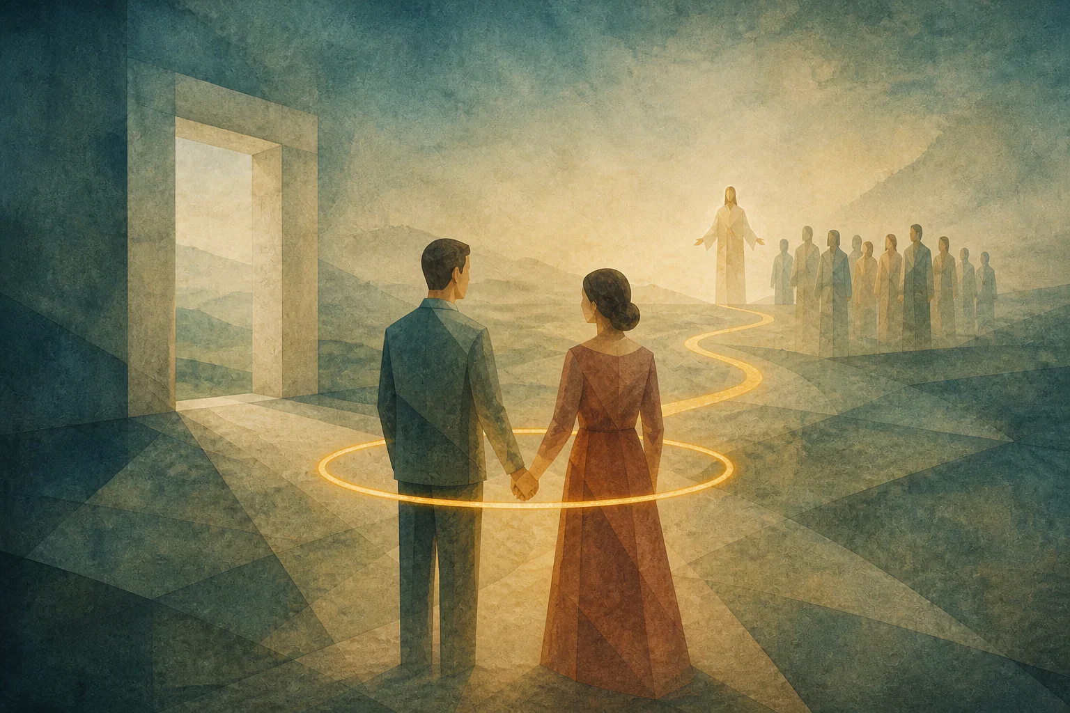 Ein Mann und eine Frau stehen Hand in Hand in einem leuchtenden Ring; ein Weg führt zu einer versammelten Gemeinschaft und einer offenen Tür.
