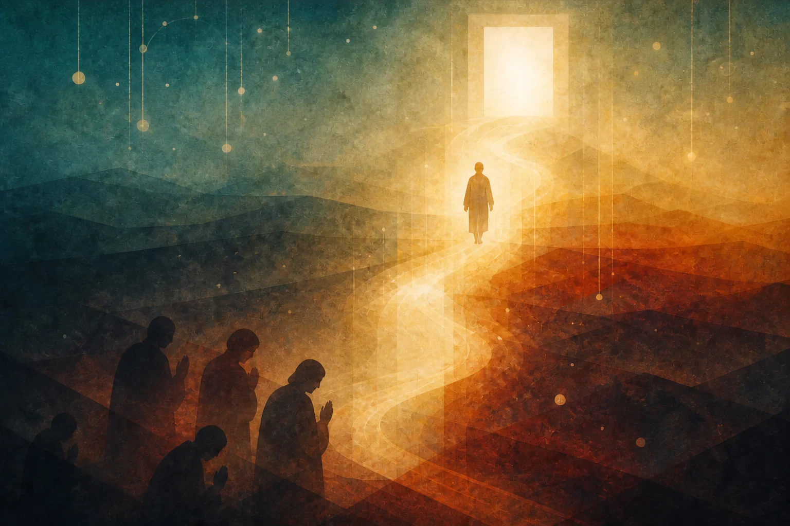 Im dunklen Vordergrund beten Menschen, während eine gerettete Gestalt durch reinigendes Licht auf eine offene, strahlende Tür zugeht.