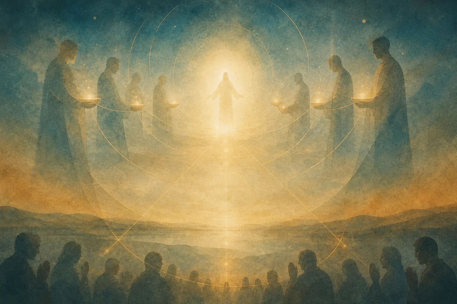 Eine helle Christusgestalt verbindet Himmel und Erde; oben tragen Gestalten Lichtschalen, unten versammeln sich Menschen zum Gebet.