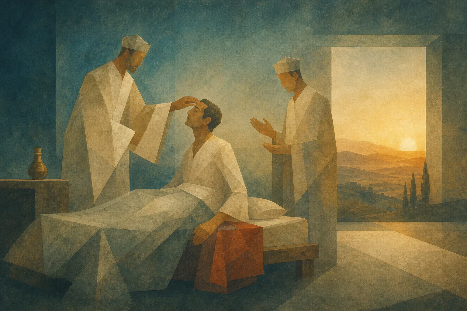 Ein Priester salbt einen kranken Mann im Bett, während ein weiterer Amtsträger betet; daneben steht ein Ölgefäß, Tageslicht fällt herein.
