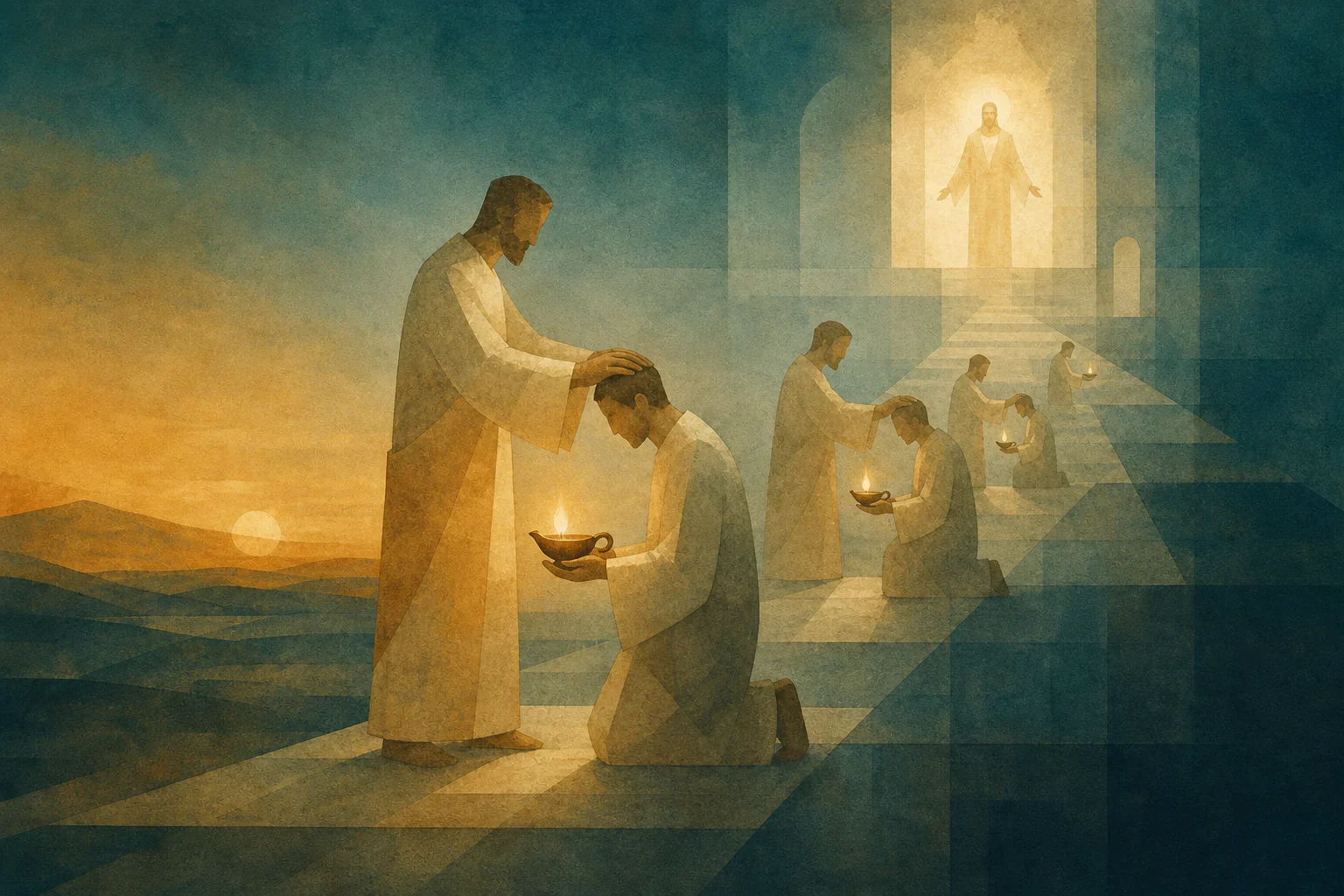 Ein Amtsträger legt einem knienden Mann die Hände auf und reicht eine Lampe weiter; die Handlung führt über mehrere Gestalten zu Christus.