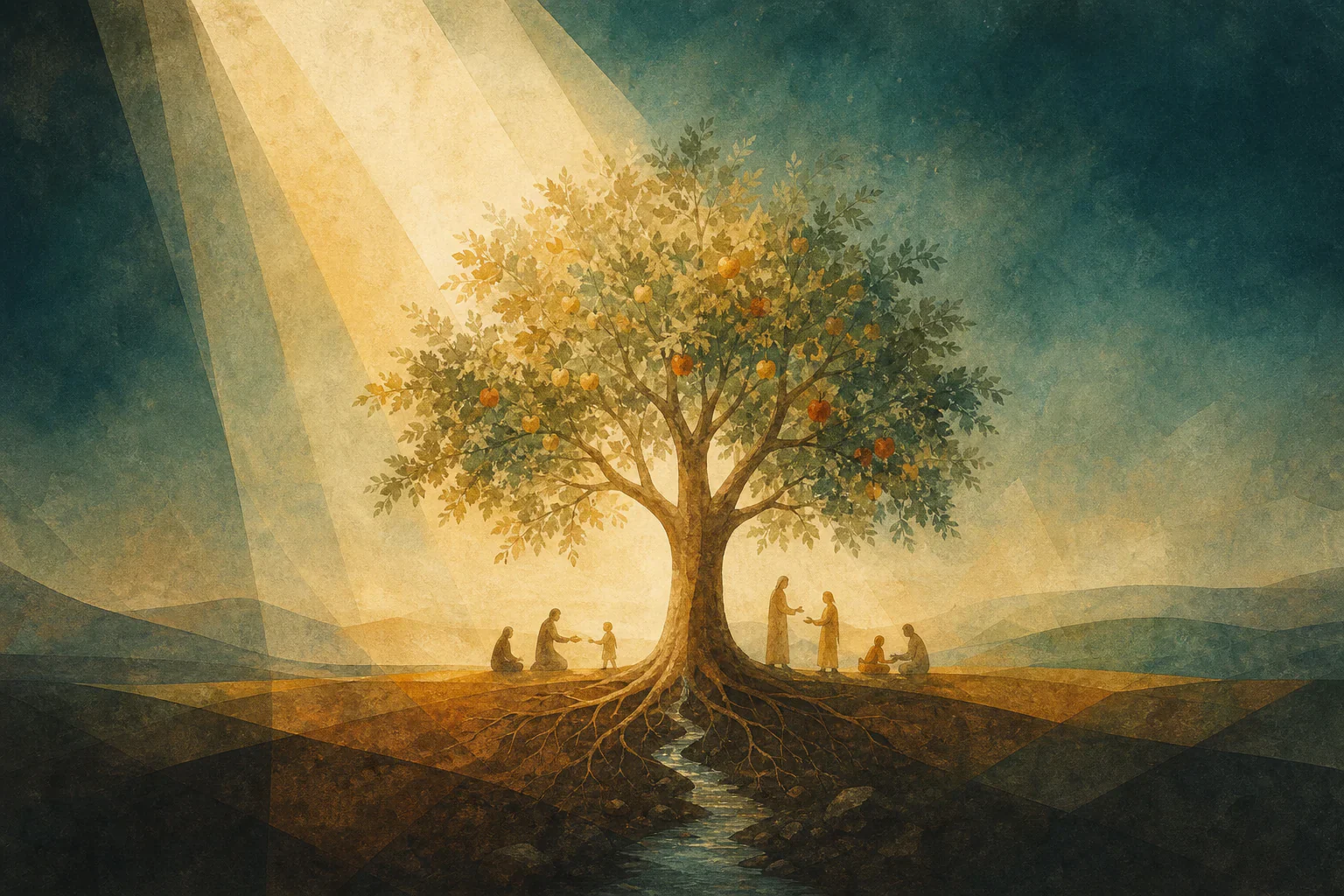 Ein fruchttragender Baum empfängt Licht von oben; Wasser erreicht seine Wurzeln, während sich kleine Gestalten unter den Ästen sammeln.