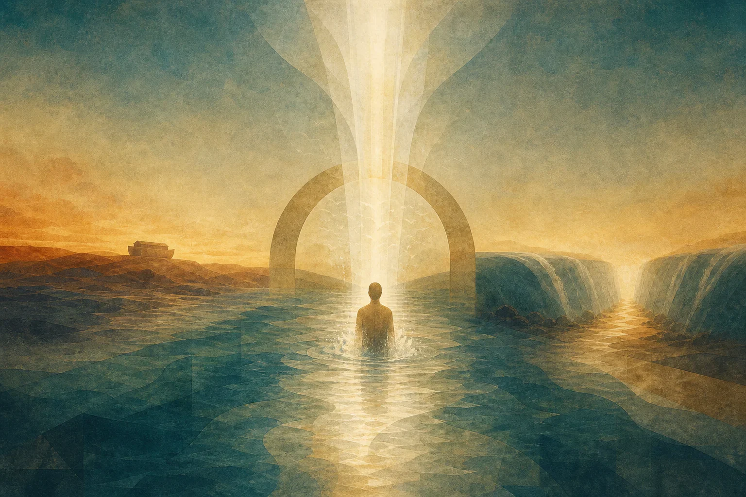Eine Person steht im Wasser unter herabfallendem Licht; dahinter erscheinen Flut, eine ferne Arche und geteilte Wasser als Bildebenen.